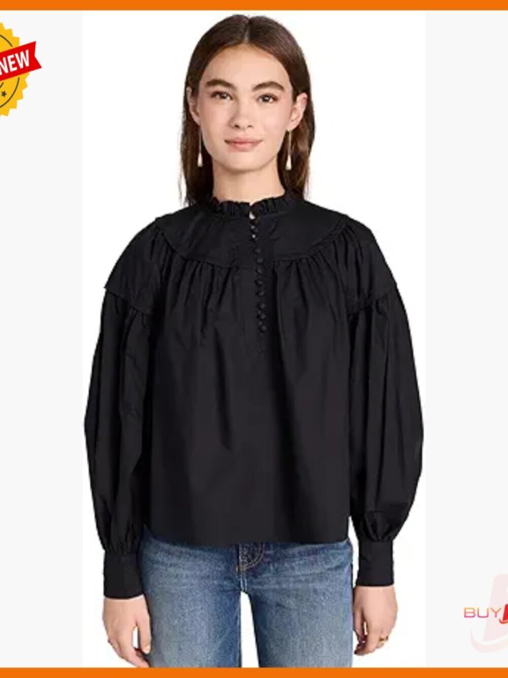 Loose Fit Cotton Button Down Shirt with Ruffle Collar Long Sleeve